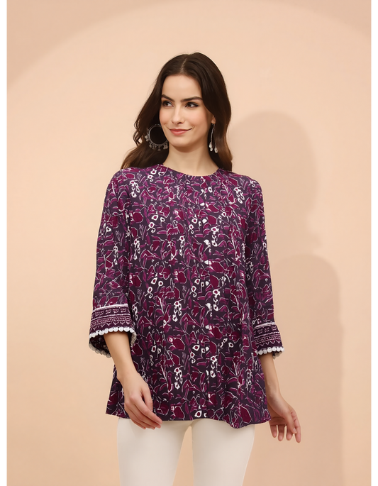EleganceFlow Printed Cotton Tunic Top