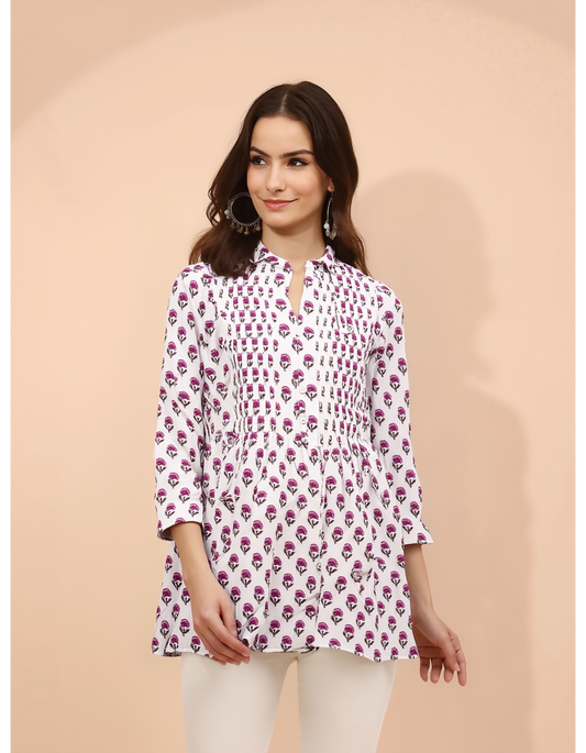 EleganceFlow Printed Cotton Tunic Top