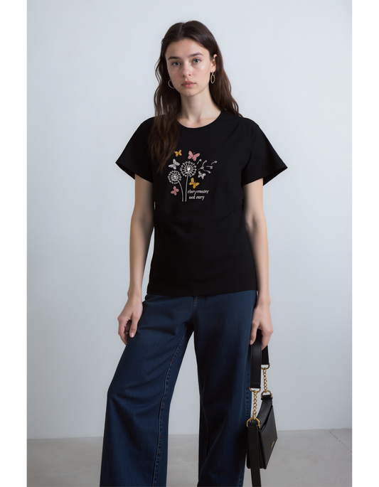 Butterfly Whispers Embroidered Oversized T-Shirt