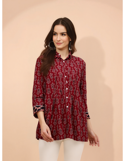 EleganceFlow Printed Cotton Tunic Top