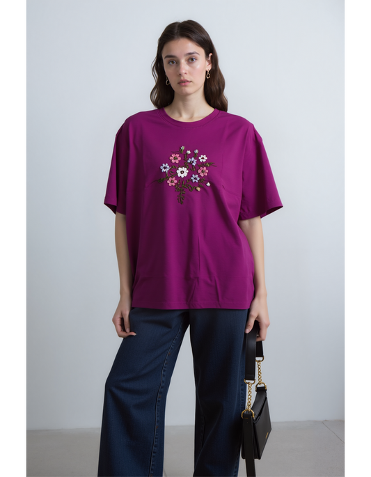 Floral Embrace Embroidered OverSized T-Shirt