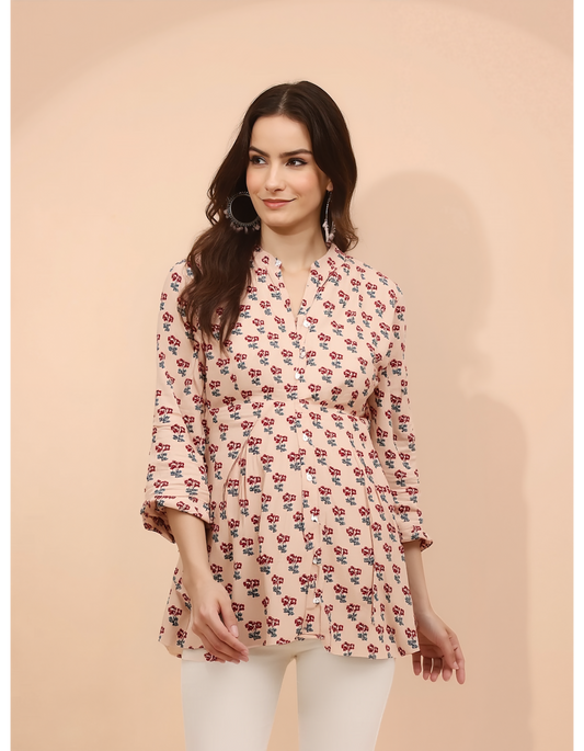 EleganceFlow Printed Cotton Tunic Top